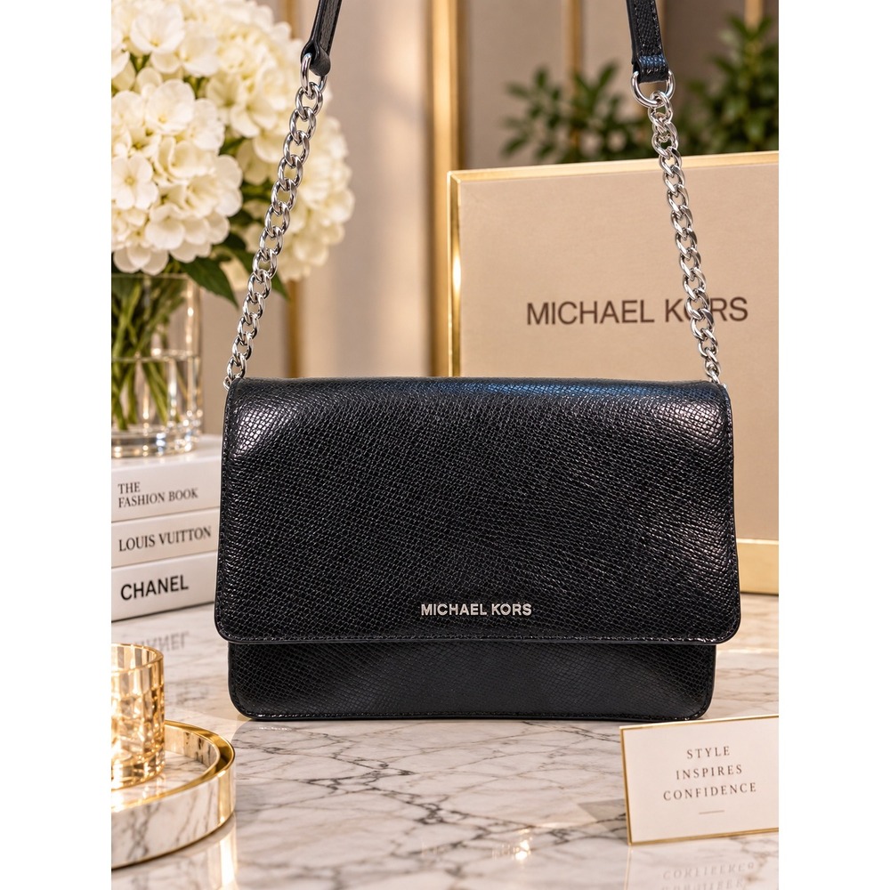 Michael Kors Black Lizard Embossed Leather Crossbody Bag Silver Chain Strap